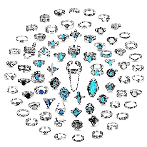 Kakonia 75 Stück Vintage Türkis Ringe für Frauen - Silber Knöchel Bohemian Oval Edelstein Western Stackable Joint Finger Midi Stacking Set