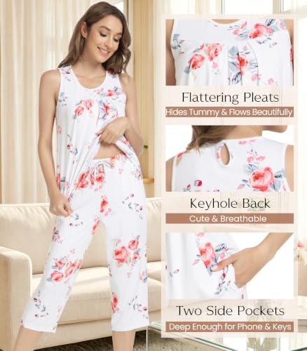 Image of NACHILA Pajamas for Women-Viscose Made from Bamboo, Sleeveless Pjs Tank Top Capri Pants Pajama Sets Cooling Sleepwear