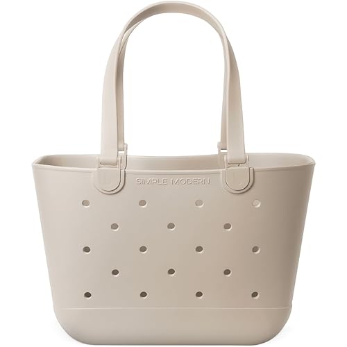 Simple Modern Beach Bag Rubber Tote | Waterproof Large Tote Bag with Zipper Pocket for Beach, Pool Boat, Groceries, Sports | Getaway Bag Collection | Almond Birch