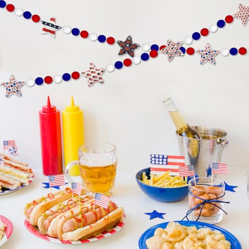 Image of 4th of July Garland, 8.2ft Felt Patriotic USA Garland for Mantle Red White Blue Patriotic Star Banner Decor for Independence Day Halloween Party
