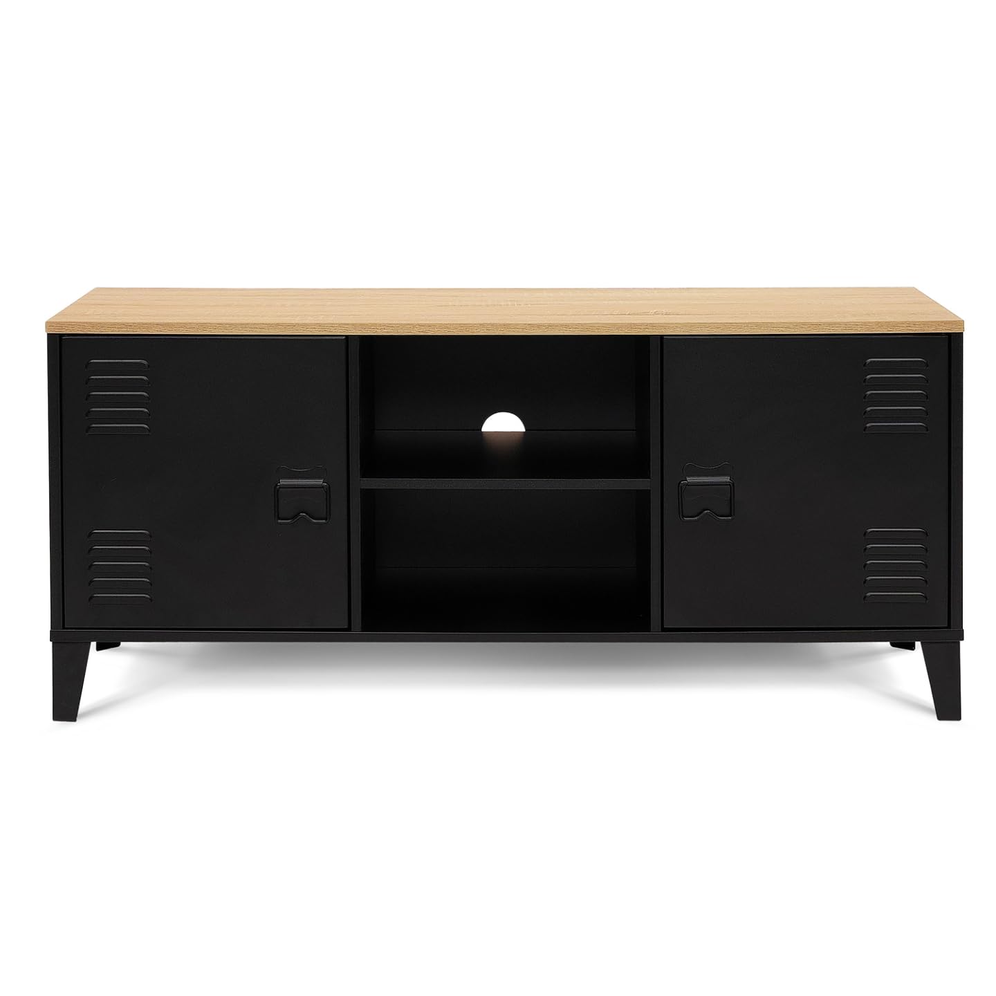 IDMarket - Meuble TV 113 cm Ester 2 Portes métal Noir et Plateau Bois Design Industriel