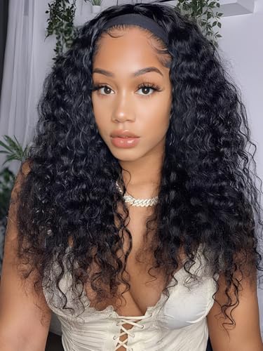 UNICE HookFit Water Wave Headband Wig Human Hair with Drawstring No-Slip Glueless Headband Half Human Hair Wig 150% Density Natural Black 16 inch