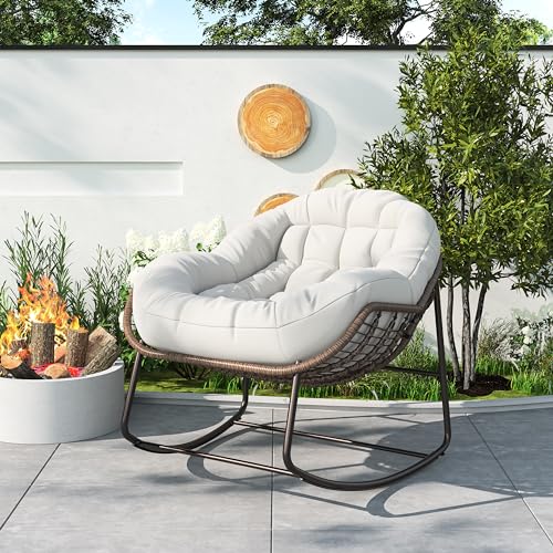 Silla Mecedora para Exteriores,Mecedora Jardín Exterior para Grande de Ratán,Mecedora Salon Acolchado e Impermeable,Soporta hasta 150 kg,Ideal para Jardín,Terraza y Balcón,Beige
