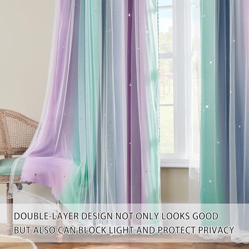 Image of XiDi Purple Grey Green 90 Inches Blackout Curtains for Girls Bedroom 2 Panels Set, Rainbow Curtains for Kids Room Decor, Unicorn Wall Decals Grommet Drapes for Little Girl Nursery Room 34 Inches Wide