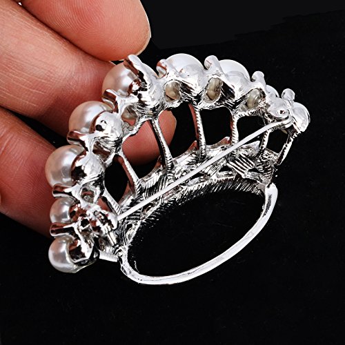 Image of Large Gold Tone Crystal Queen Crown Pin Brooch With Pearl Wedding Bridal Pin