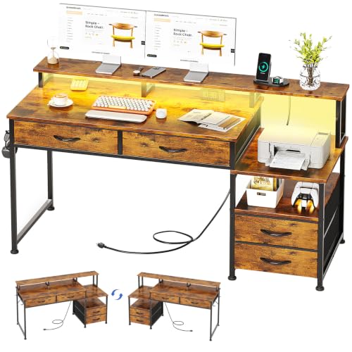 MUTUN 53" Computer Desk with Power Outlet and Fabric Storage Drawers, Reversible Office Desk, Bureau de Travail, Desks with Monitor Stand and Printer Stand, Bureau Ordinateur, Rustic Brown by MUTUN - Used condition - CA$87.00