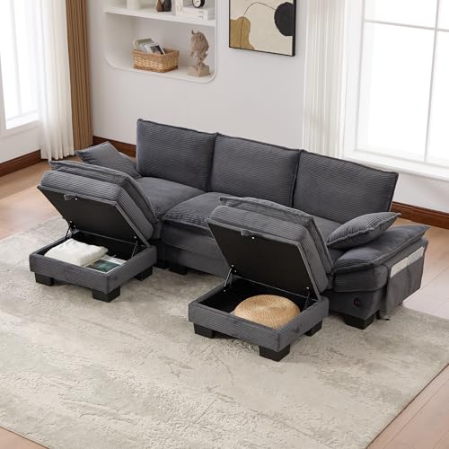 MODENVIE Sofá modular de 3 plazas con 2 taburetes, asiento ancho ergonómico, sofá de salón con conexión -C, sofá de salón con bolsillos laterales, sala de estar, color gris oscuro