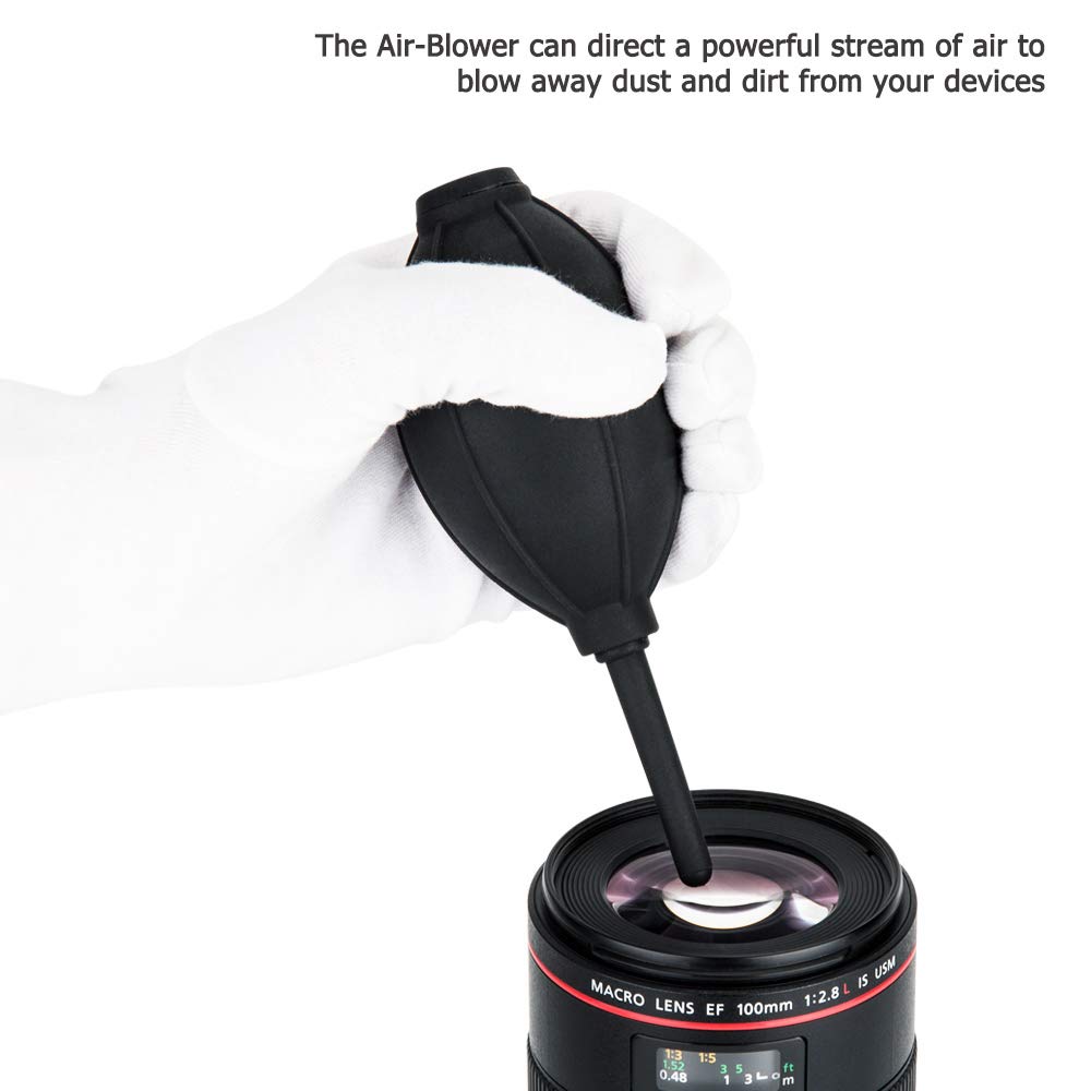 PROfezzion Kit 3-in-1 Per Pulizia Obiettivi E Fotocamere DSLR: Pennello Retrattile, Pompetta Aria In Silicone, Panno Microfibra