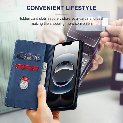 Image of Jasonyu Flip Wallet Case for iPhone 16E,Leather Magnetic Folio Cover with Card Holder,Kickstand - TPU Shockproof Durable Protective Phone Case,Blue