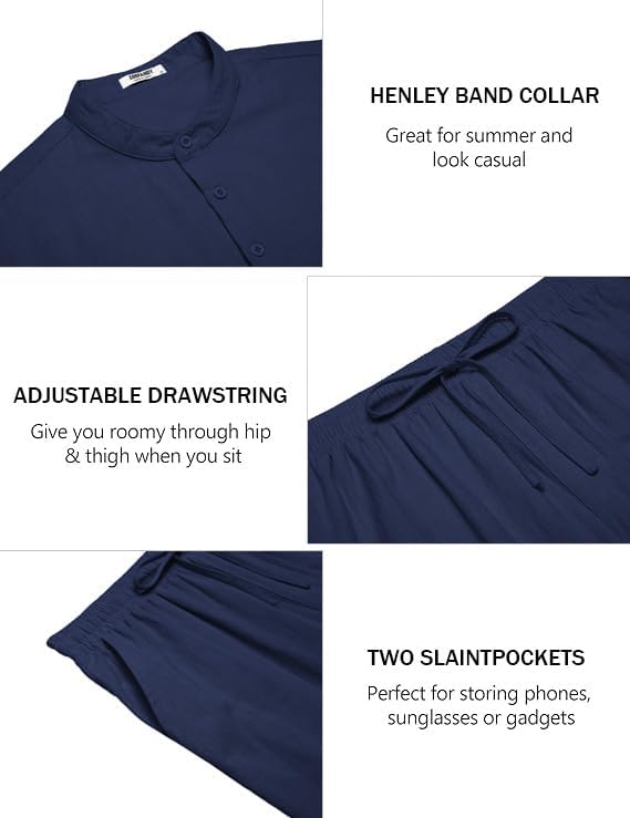 COOFANDY Men's 2 Piece Cotton Sets Casual Short Sleeve Henley Shirts and Beach Pants with Pockets Summer Vacation Outfits - Image 5
