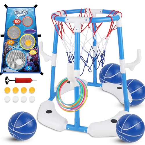 yofit Pool Basketball Hoop, 3-in-1 Floating Pool Games with Rings Ball Toss, Summer Outdoor Pool Toys for Kids Adults Ages 4-12 Basketball Hoop for Swimming Poolside Backyard (Blue)