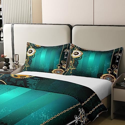 Steampunk Jewelry Gold Watch Bedding 100% Cotton Set for Kids Boys Clock Theme Gears Mechanical Decor Chain and Keys 100% Cotton Duvet Cover Retro Green Texture Duvet Set King Size Zipper Quilt Cover - Image 4