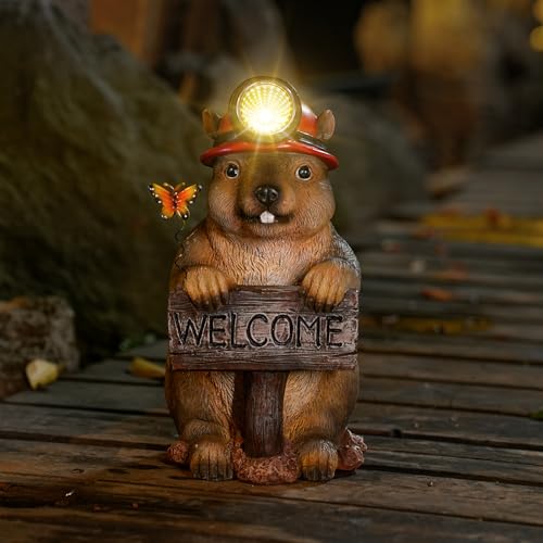 Tolimi Groundhog Welcome Garden Statue With Solar Headlamp – Funny Animal Outdoor Yard Decor With Led Light And Butterfly – Waterproof Resin Garden Ornament For Patio, Lawn, Pathway