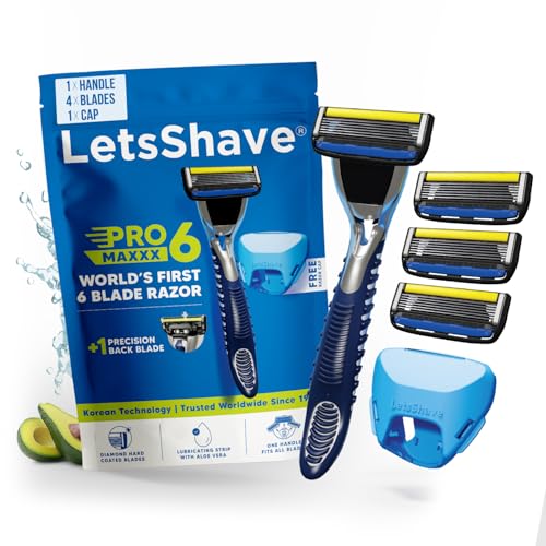 Image of LetsShave Pro 6 Maxxx - World's 1st 6 Blade Razor for Men, Ergonomic, Precision Back Blade | 1 Handle + 4 Cartridge + Travel Cap | Open-Flow Anti-Clog | Micro-Span Curved Blades | Common Docking Fits Pro 4 /5 /6 /7