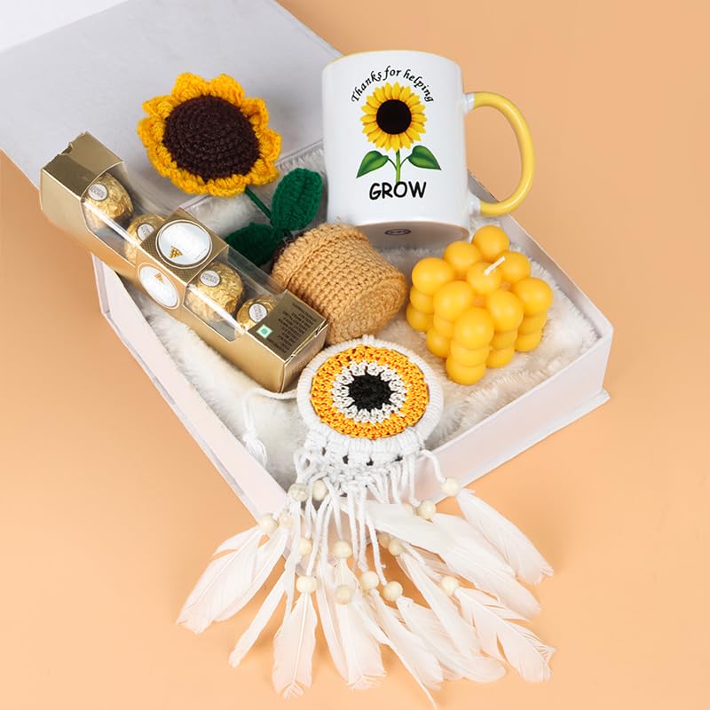 The Loony Box Sunflower Gift Hamper for Women | Crochet Sunflower Pot, Dreamcatcher, Bubble Candle, Sunflower Mug, Chocolate | Birthday, Anniversary, Valentine, Gift for Her