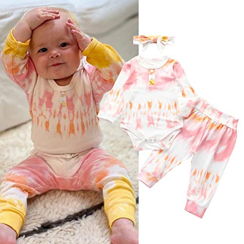Infant Baby Girl Tie Dye Pajamas Clothes Set, Long Sleeve Button Romper+Cotton Long Pants+Headband 3Pcs Newborn Fall Outfits (Tie-dye Style-C, 12-18 Months)
