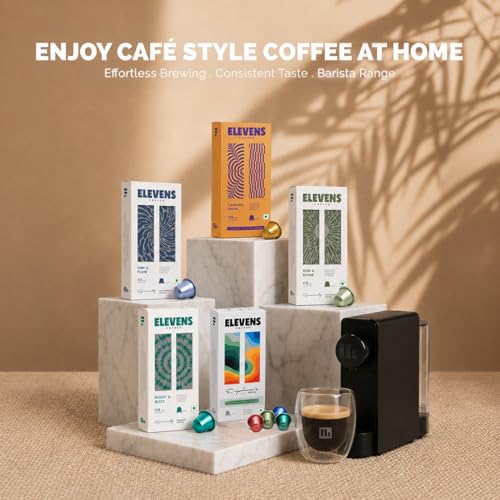 Image of ELEVENS ONE | Coffee Capsule Machine + Variety Pack of 5 Blends (55 Capsules) | Espresso Pod Machine | 19 Bar Pressure | Compatible With Nespresso Pods | Fast Heating System | One Touch | 1100W
