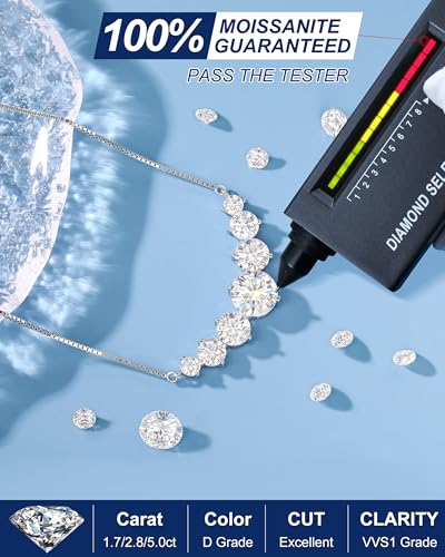 TUHE 7 Stones Moissanite Necklace for Women, 1.7-5.0 Carat Smile Moissanite Pendant Necklace 18k Gold Plated Sterling Silver 16.5+2.5 inch Box Chain Tennis Necklaces with Certificate of Authenticity3
