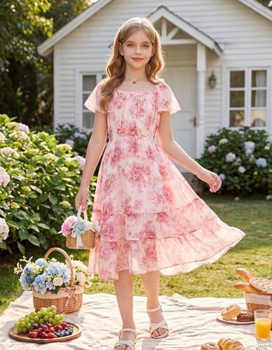 GRACE KARIN Girls Floral Summer Dress Flutter Sleeve Square Neck Midi Casual Dress for Girl 6-14Y - Image 5