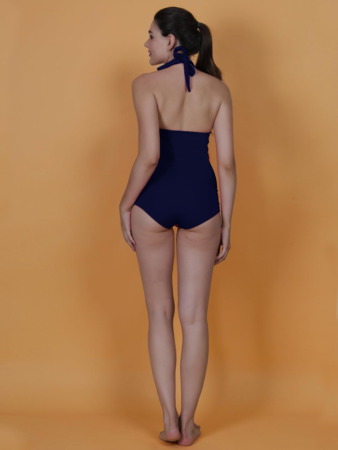 FYTTE Halter Neck Tummy Control One Piece Vintage Retro Romper Tankini Swimsuit for Women_Navy_M 2