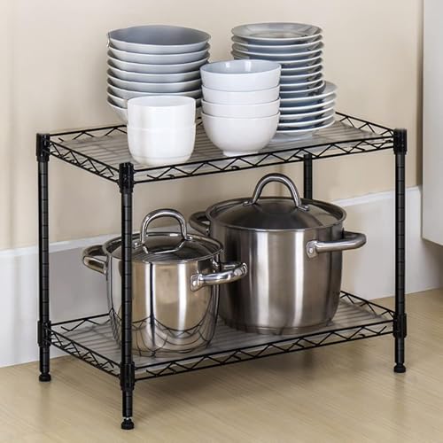 Image of Premium Heavy-Duty 2-Tier Black Metal Wire Storage Rack Shelf Organizer | Adjustable Multipurpose Freestanding Shelving Unit for Home, Office, Kitchen | Size 14 inch D x 14 inch W x 14 inch H Inch