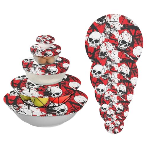 5 fundas elásticas para latas de alimentos en 5 tamaños, tapas de masa madre de pan para nevera, campamento y cocina (calavera roja terrible)