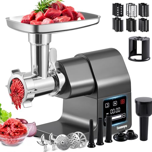 Huanyu 2000W Max Power Heavy Duty Electric Meat Grinder Veggie Shredder and Ice Shaver with Touchscreen, 2 Blades, 3 Plates, Sausage Tubes and Kubbe Kit #10 Outlet for Home Use