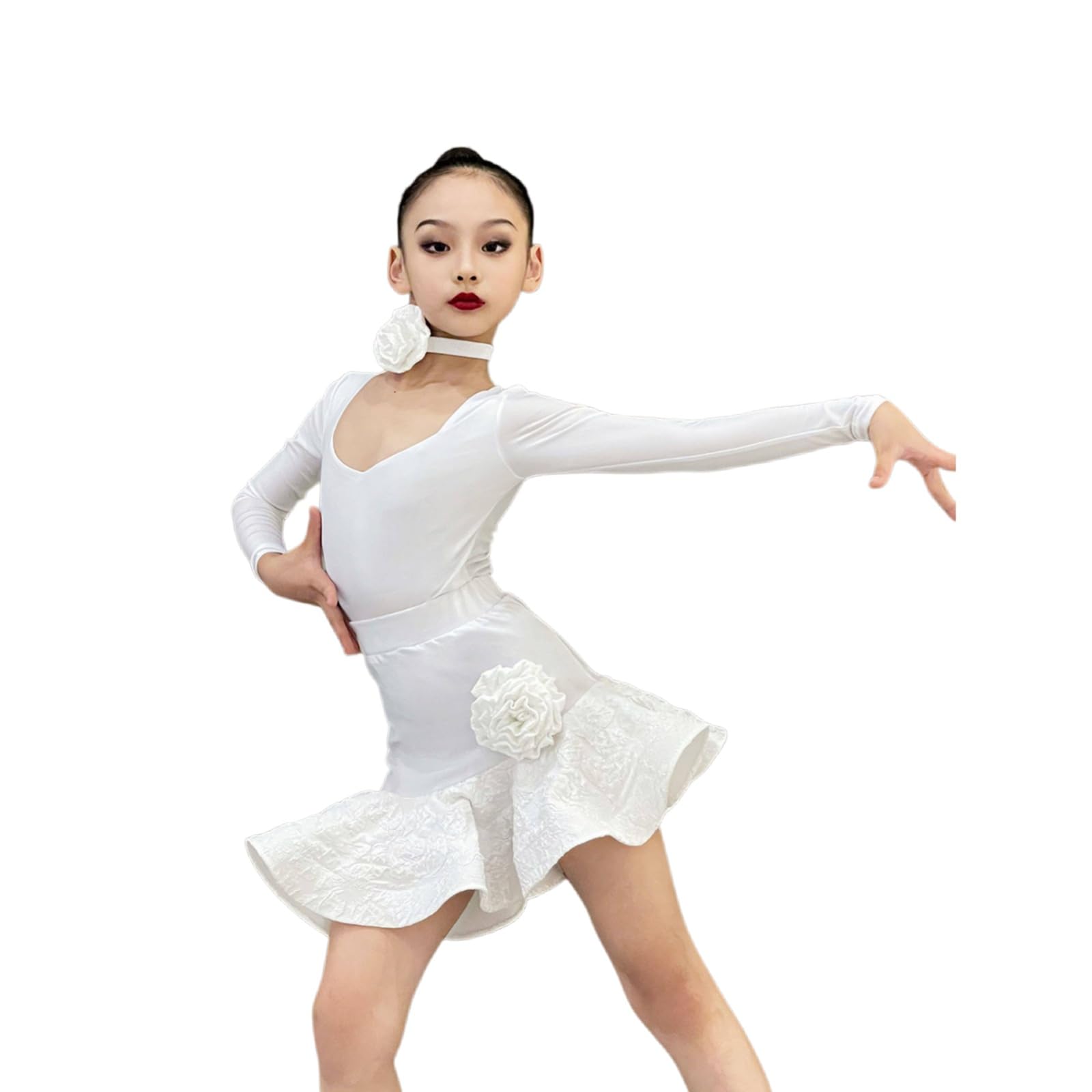 Abito Da Ballo Latino For Ragazze,Body A Maniche Lunghe E Gonna Con Volant | Autunno Inverno For Bambini For Rumba Samba Cha Cha Tango,Completo Da Ballo For Performance Competizione