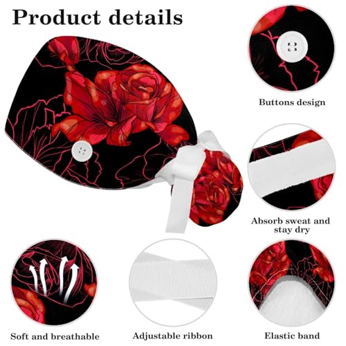 Image of Red Blooming Rose Flowers Black Working Cap with Scrunchy and Ribbon Tie for Women, Long Hair