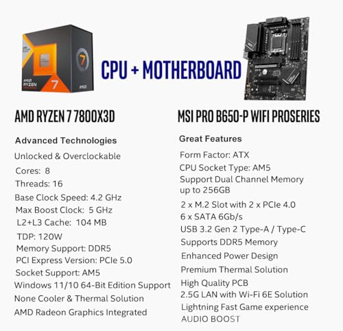 Image of INLAND Micro Center AMD Ryzen 7 7800X3D 8-Core16-Thread Desktop Processor with MSI PRO B650-P WiFi ProSeries Motherboard (AMD AM5, ATX, DDR5, PCIe 4.0)