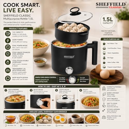 Image of Sheffield Classic 1.5L Multipurpose Electric Kettle with Steamer & Egg Tray | 600W Multi Cooker for Boiling Water, Milk, Eggs, Tea & Cooking Noodles | Variable Temperature Control (Black)