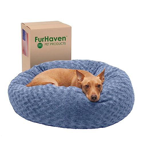 Image of Furhaven 30 inch Round Donut Dog Bed for Medium /Small Dogs, Refillable w / Removable Washable Cover, For Dogs Up to 45 lbs - Curly Faux Fur Donut Bed - Fresh Blueberry, Medium