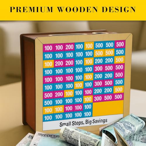 Image of Bonsenkitchen Money Saving Box for Kids and Adults | Wooden Money Bank with Lock | 50,000 Saving Box with Numbers | Undiyal Hundi Pig Bank (Small Multi 50000)