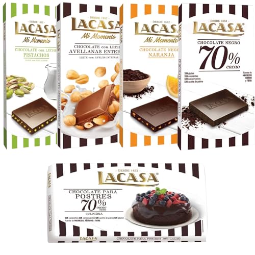 Lacasa pack 5 tabletas de chocolate:leche avellanas , naranja chocolate negro ,leche pistacho 90g ,negro 100g ,culinaria 200g