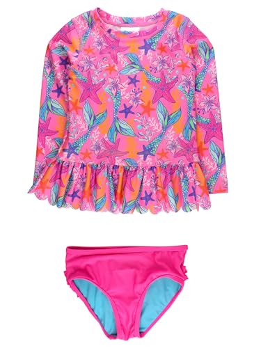 Image of RuffleButts Baby /Toddler Girls Scalloped Long Sleeve Rash Guard 2-Piece UPF50+ Sun Protected Swimsuit