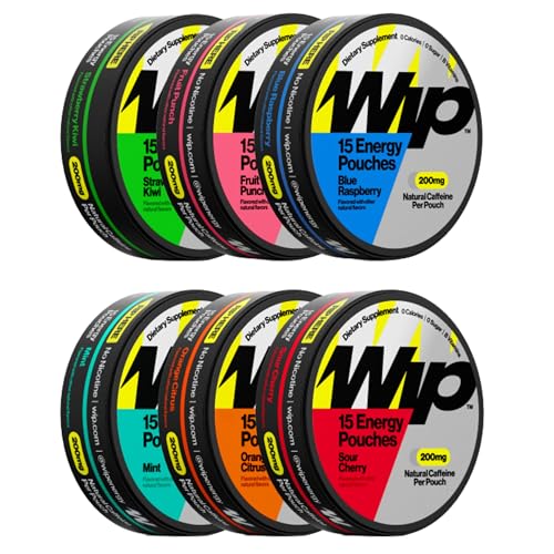 Image of Wip Energy Pouches | 200mg Natural Caffeine | Vitamins and Minerals | 6 Pack Assorted: Sour Cherry, Mint, Orange Citrus, Strawberry Kiwi, Fruit Punch, Blue Raspberry