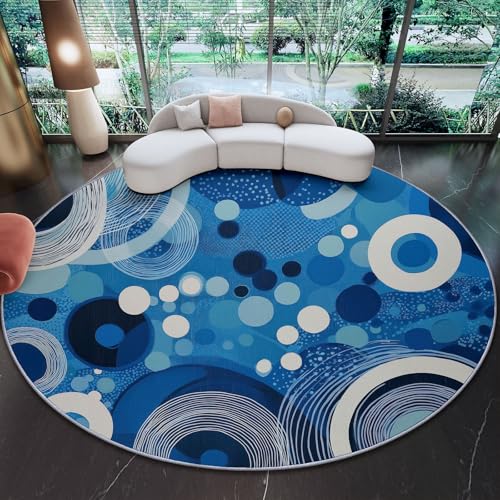90 cm Alfombras Redondas para Sala de Estar, Abstracto Geométrico Círculo Estampada Alfombra Redonda Lavable Azul - Pelo Corto Suave Franela Alfombras para Dormitorio Comedor