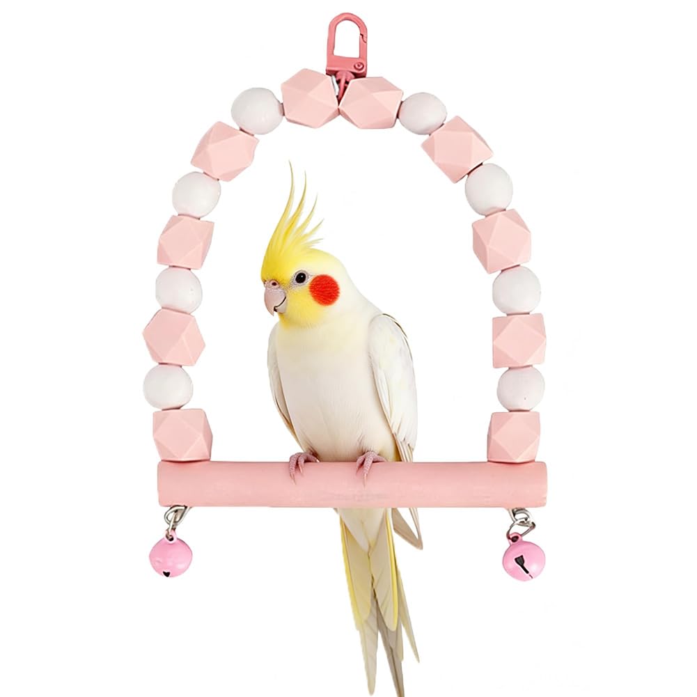 Bird Swing for Cage, Wooden Parrot Swing Perch Toy with Bell, Hanging Bird Cage Accessories for Budgie Parakeets Cockatiel Small Birds, Colourful Bird Playground Toy for Climbing & Chewing (Pink)