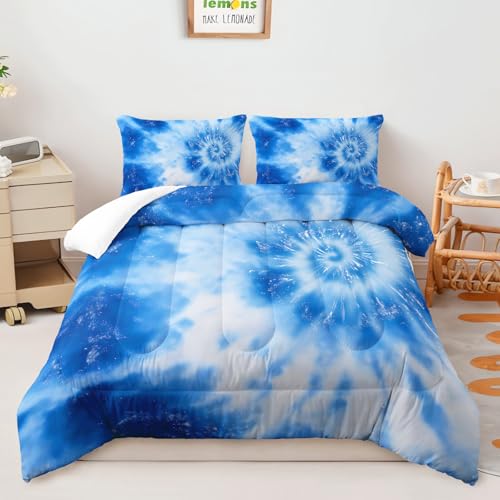 Image of AILONEN Tie Dye Comforter Queen Size with 2 Pillowcases,Blue and White Swirl Bedding Set 3Pcs,Tie-Dye Spiral Quilt Set for All Season,Ultra Soft Lightweight Microfiber
