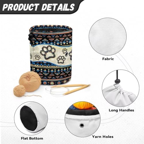 Image of Sellikakes Yarn Bag, Aztec Dog Paw Knitting Crochet Bag Yarn Storage Bag, Portable Yarn Holder for Crocheting Project Knitting Needles Sewing Accessories