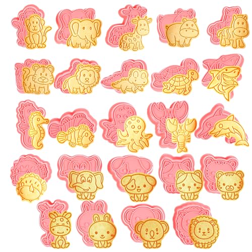 24 Pcs Animal Cookie Cutters with Plunger Stamps Set 3D Animals Lion Cookie Cutters Stamps Plastic Cookie Cutter Animal Cracker Cookie Cutters Cookie Stamps for Baking Supplies