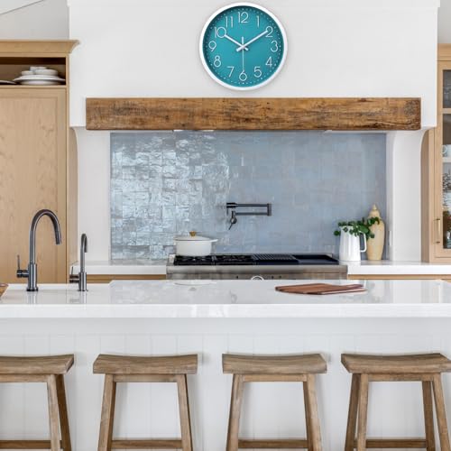 Image of jomparis 12 Inch Silent Non-Ticking Battery Operated Round Turquoise Wall Clock Easy to Read for Pool /Home /Office /School /Kitchen /Bedroom /Living Room Teal Clocks
