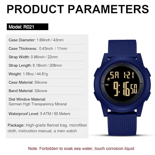 Image of HANPOSH Mens Digital Watch Ultra Thin Minimalist Sports Waterproof Outdoor LED Screen Large Face Wrist Watches for Men with Back Light Alarm Date Stopwatch