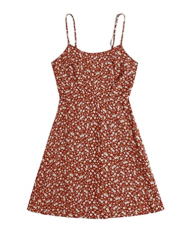 Floerns Women s Summer Floral Cherry Print A Line Short Cami Dress Rust Brown M