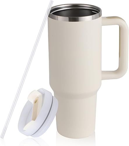 Vaso de 40 onzas con asa y pajita, vaso de acero inoxidable con tapa y pajilla, taza de viaje aislada al vacío, taza de viaje 2 en 1 tapa (pajilla