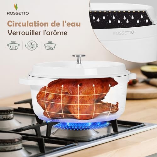 ROSSETTO 4,3L Cocotte ronde en fonte d’aluminium, revêtement antiadhérent en céramique. Couvercle avec picots saveurs. Compatible tous feux dont induction et au four jusqu’à 220° (24cm, Blanc) – Image 3