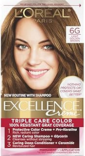 L'Oreal Paris Excellence Creme Permanent Triple Care Hair Color, 6G Light Golden Brown, Gray Coverage For Up to 8 Weeks, All Hair Types, Pack of 1