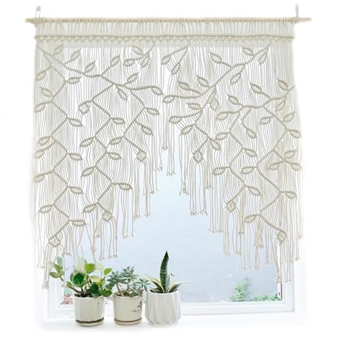 OnIUeZky Macrame Sliding Curtains Boho Woven Leaves Short Country Style Bistro Curtains Wall Hanging Macrame Door Curtain Short Curtain for Living Room Balcony Door..