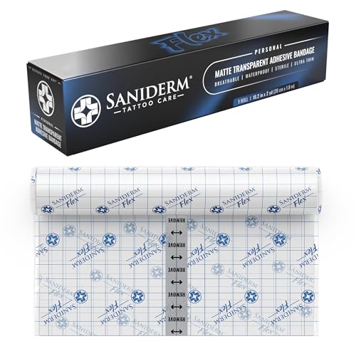 Saniderm Flex Tattoo Aftercare Bandage (New) (Personal Roll 10.2 in x 2 yd) Faster Tattoo Healing and Protection Sterile Waterproof Flexible Latex-Free Tattoo Aftercare Wrap Matte Finish