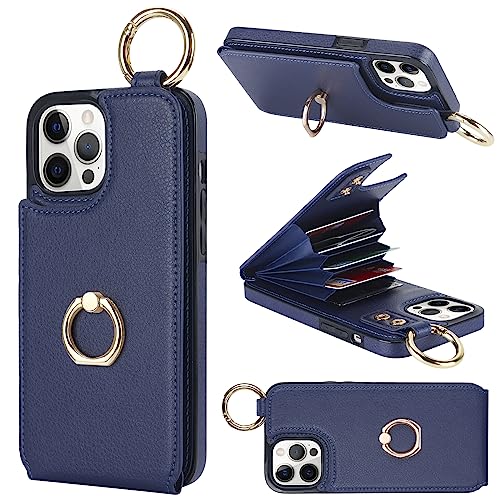 Folosu for iPhone 12 Pro Max Wallet Case with Card Holder, 360°Rotation Ring Holder Kickstand, RFID Blocking PU Leather Finger Grip Key Ring, Protective Double Buttons Shockproof Cover 6.7